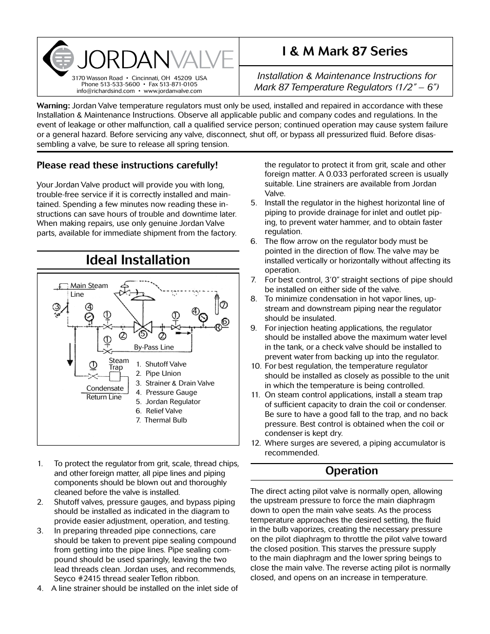 Jordan Valve Mark 87 Series - Piloted Temperature Regulator User Manual | 6 pages