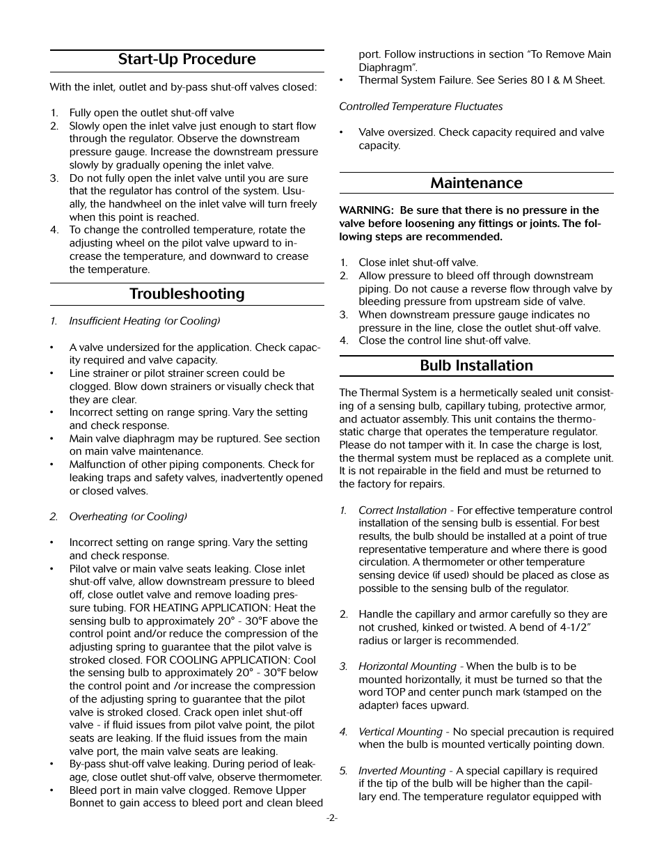 Start-up procedure, Troubleshooting, Maintenance | Bulb installation | Jordan Valve Mark 87 Series - Piloted Temperature Regulator User Manual | Page 2 / 6