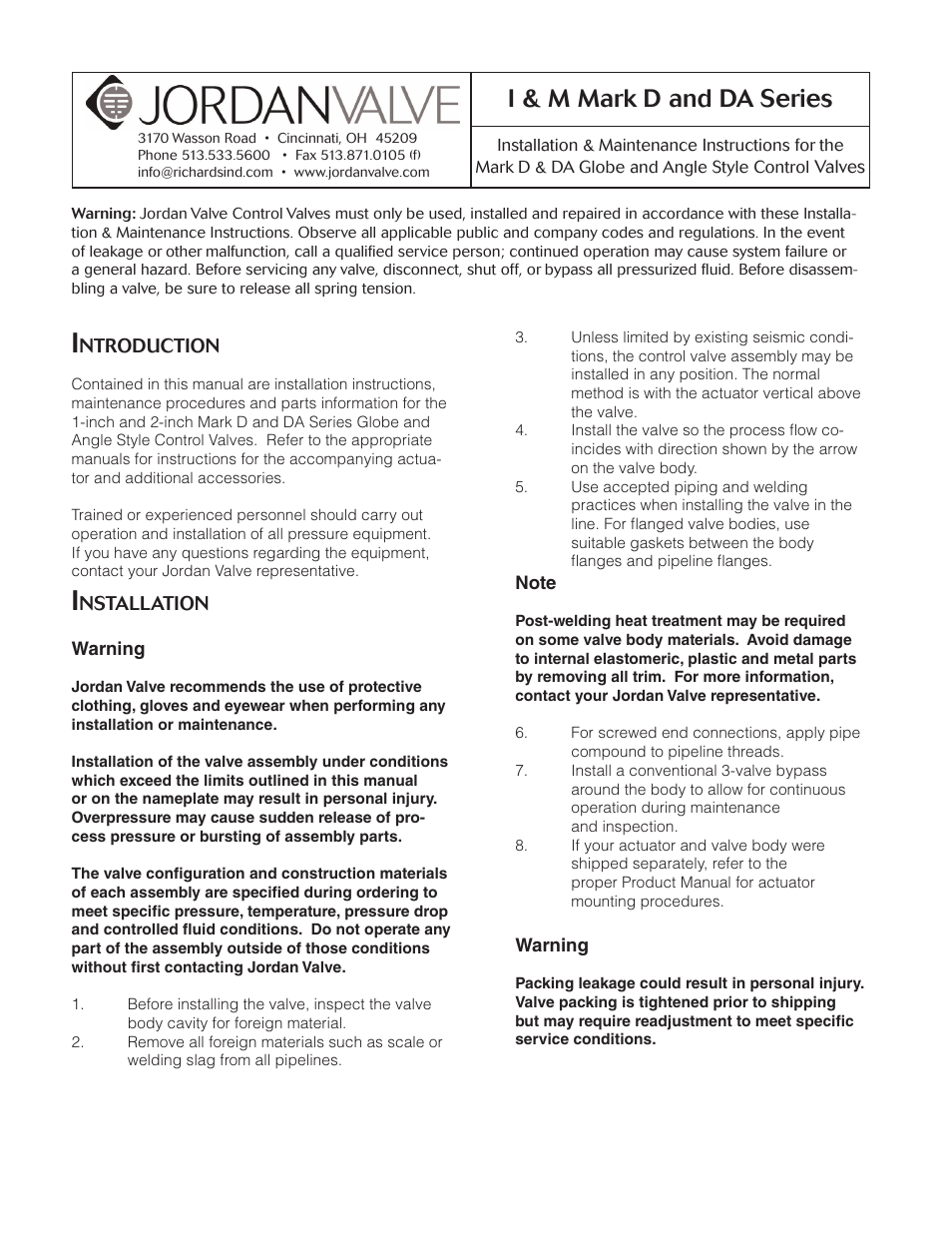 Jordan Valve Mark D & DA Series Globe & Angle Control Valve User Manual | 10 pages