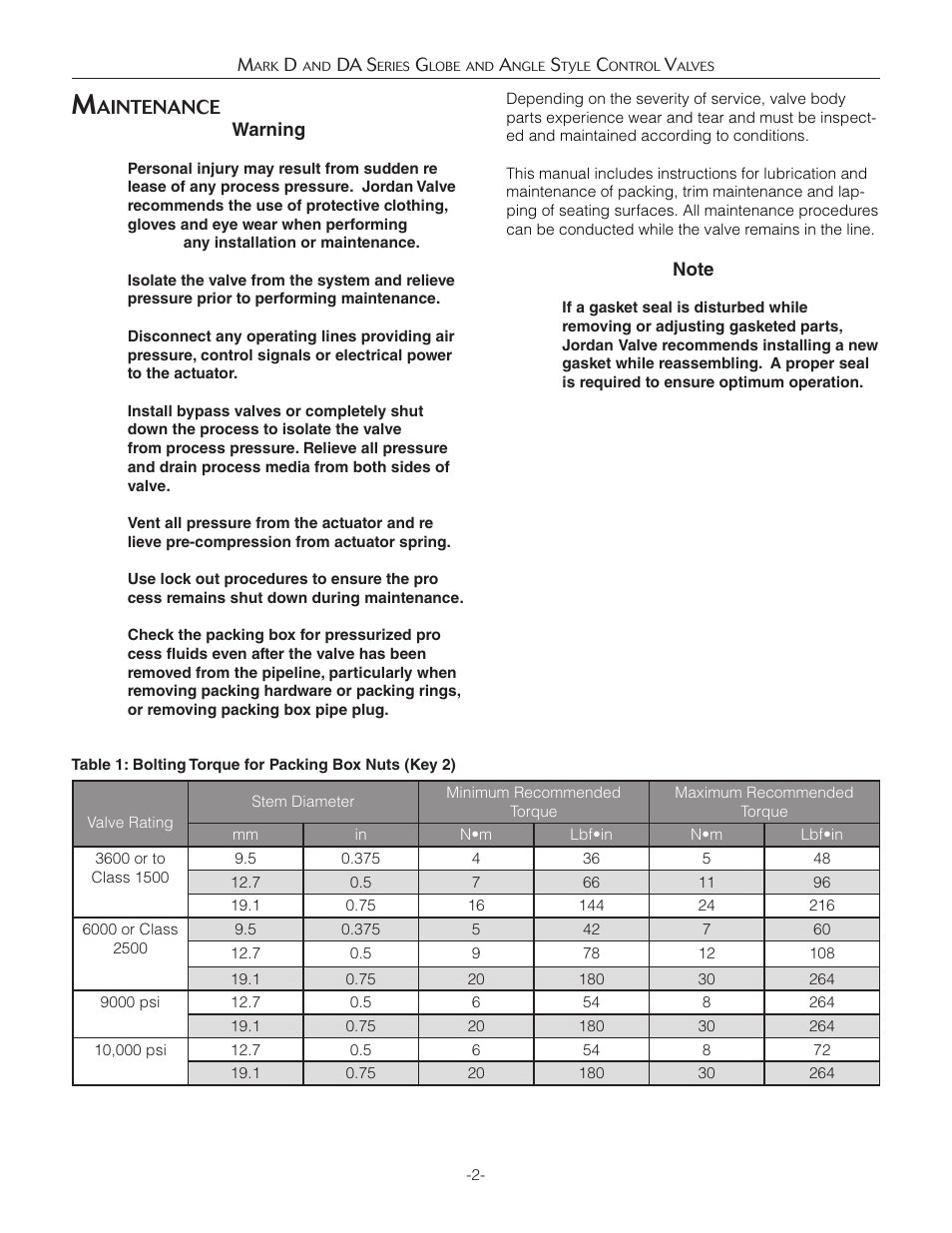 Aintenance | Jordan Valve Mark D & DA Series Globe & Angle Control Valve User Manual | Page 2 / 10