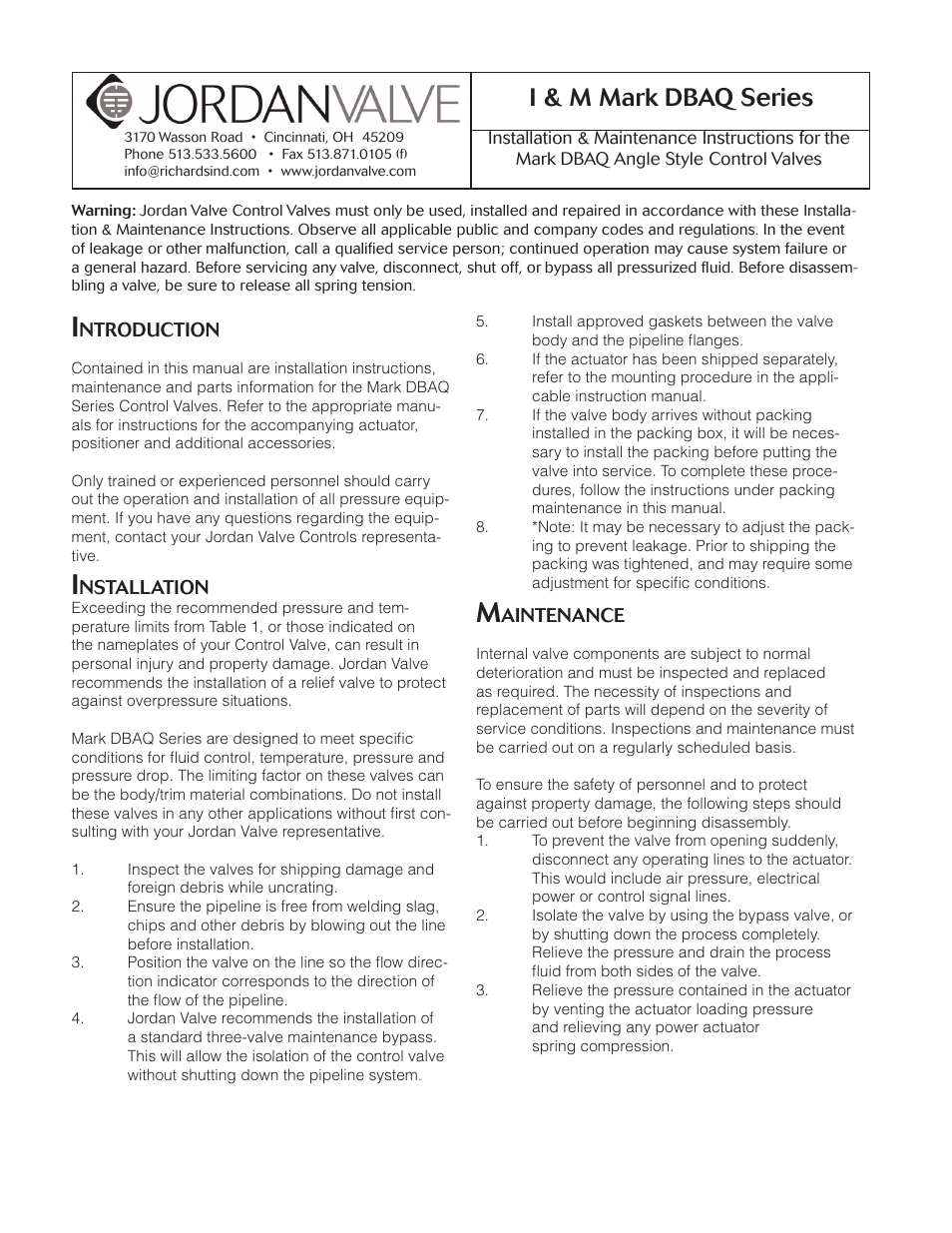 Jordan Valve Mark DBAQ Series Angle Style Control Valve User Manual | 8 pages