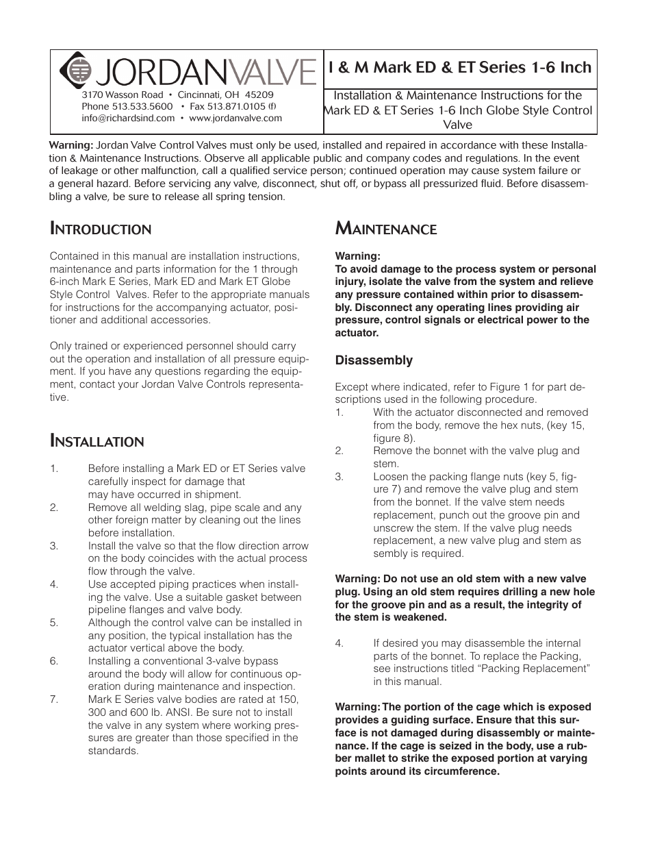 Jordan Valve Mark ED & ET Series Globe Style Control Valve (1-6) User Manual | 13 pages