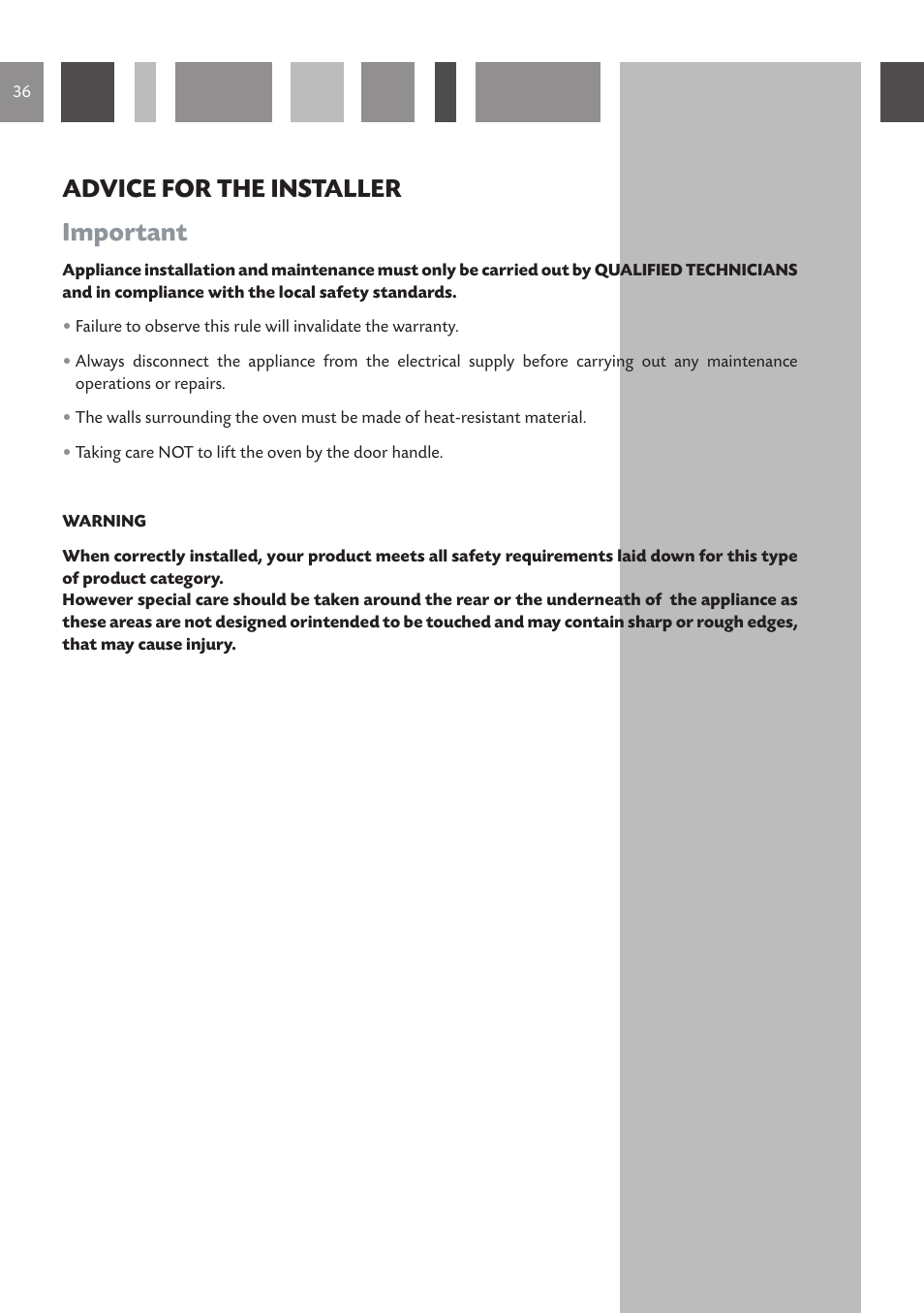 Advice for the installer important | CDA 6V6 User Manual | Page 36 / 44