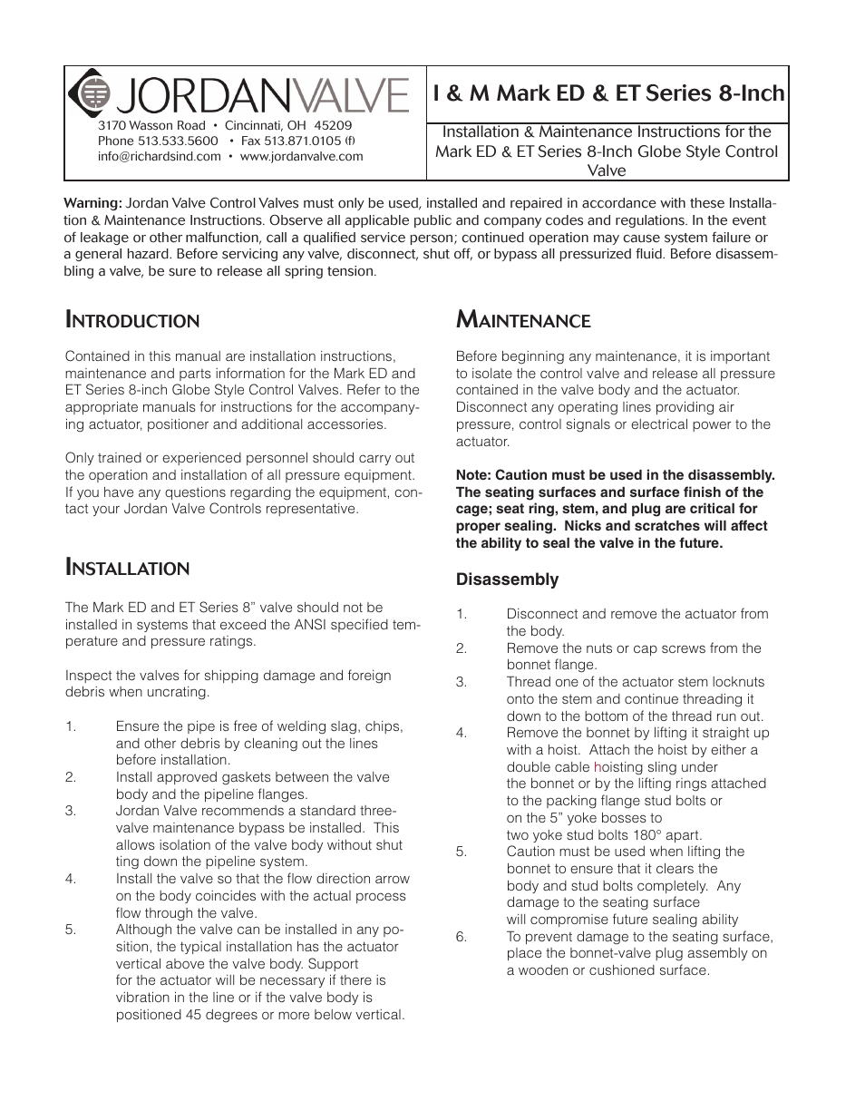 Jordan Valve Mark ED & ET Series (8) Globe Style Control Valve User Manual | 11 pages
