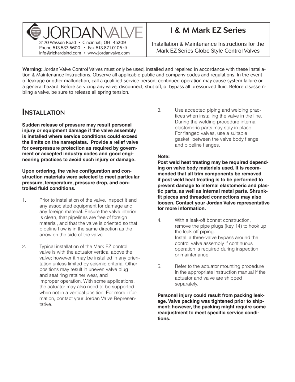 Jordan Valve Mark EZ Series Globe Style Control Valve User Manual | 21 pages