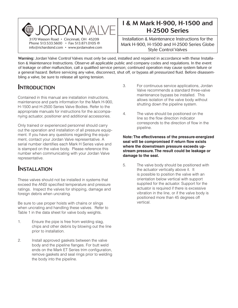 Jordan Valve Mark H-900 Series Globe Style Панель управления User Manual | 13 pages