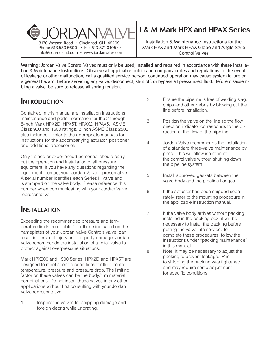 Jordan Valve Mark HPX and HPAX Series Globe & Angle Style Панель управления User Manual | 18 pages