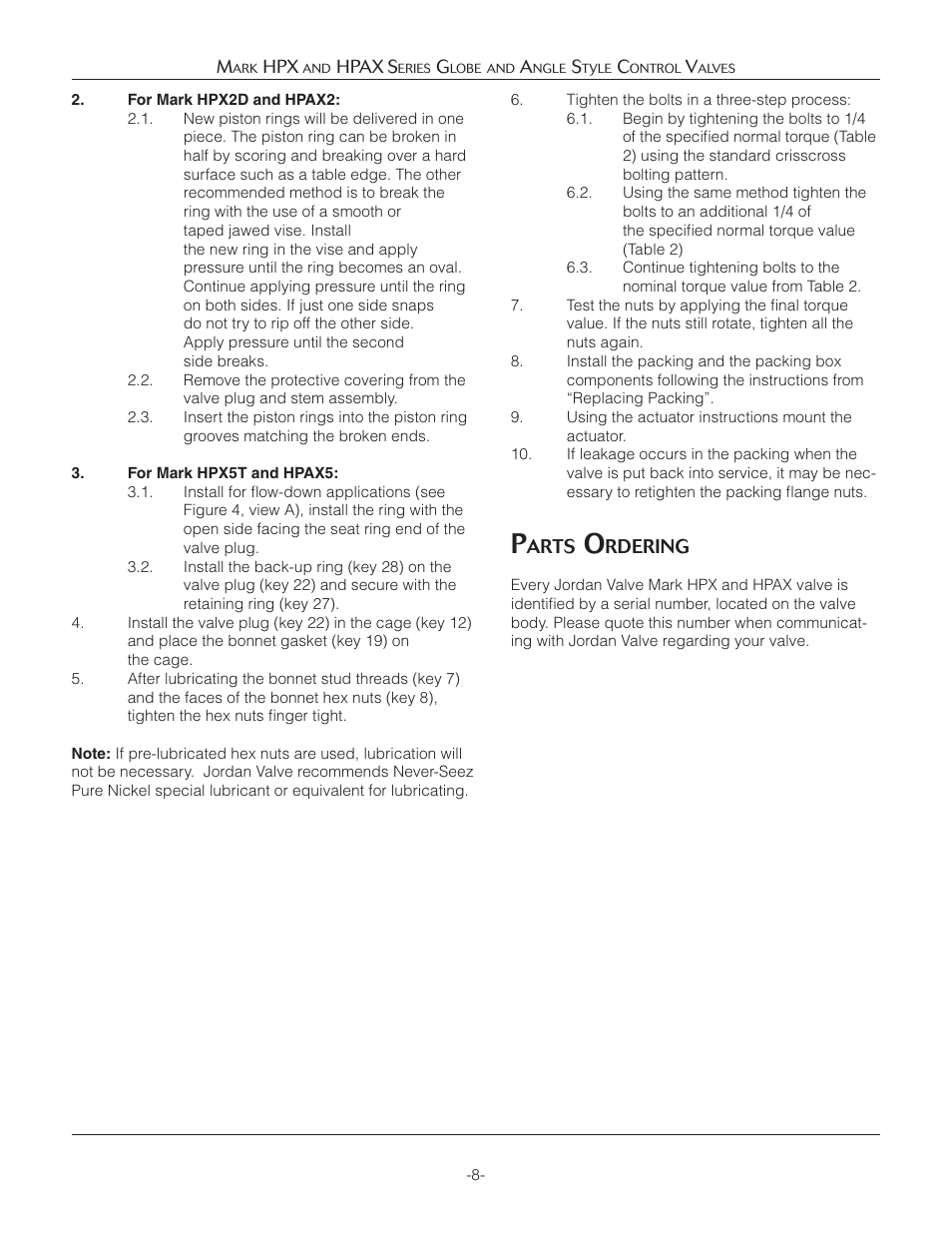 Arts, Rdering | Jordan Valve Mark HPX and HPAX Series Globe & Angle Style Панель управления User Manual | Page 8 / 18