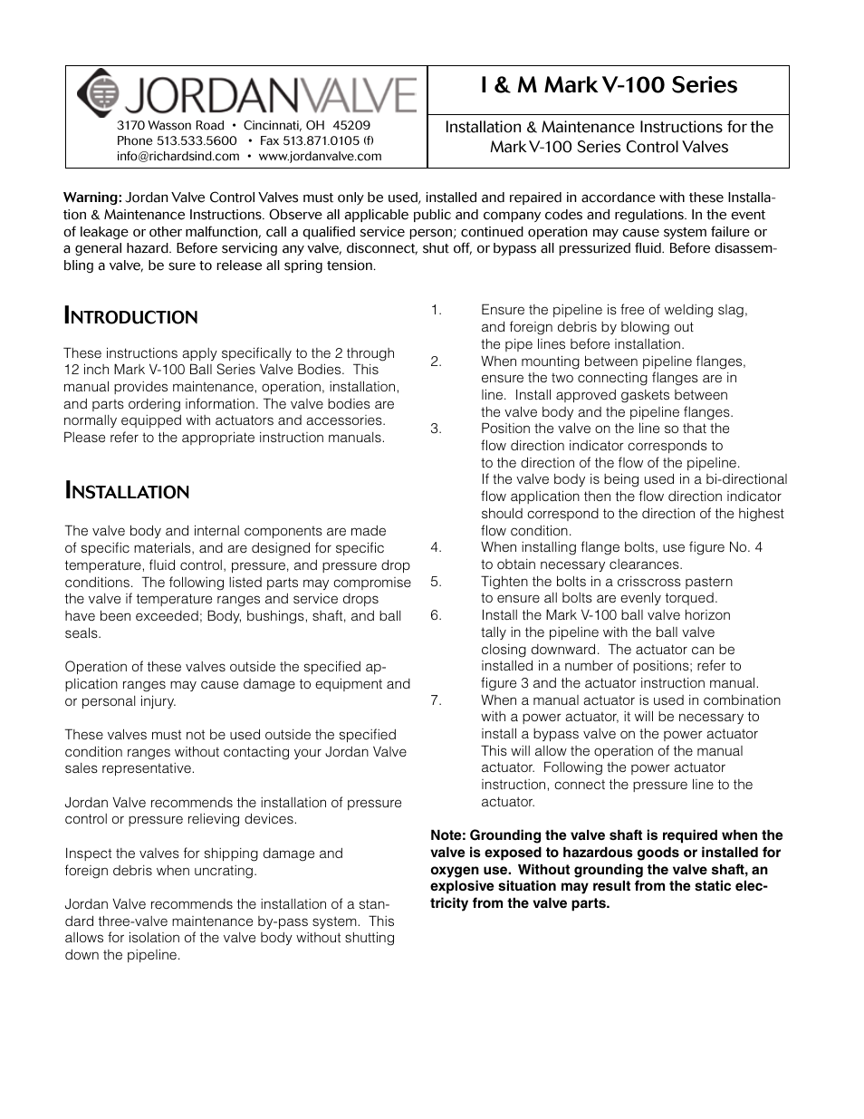 Jordan Valve Mark V-100 Series Control Valve User Manual | 16 pages