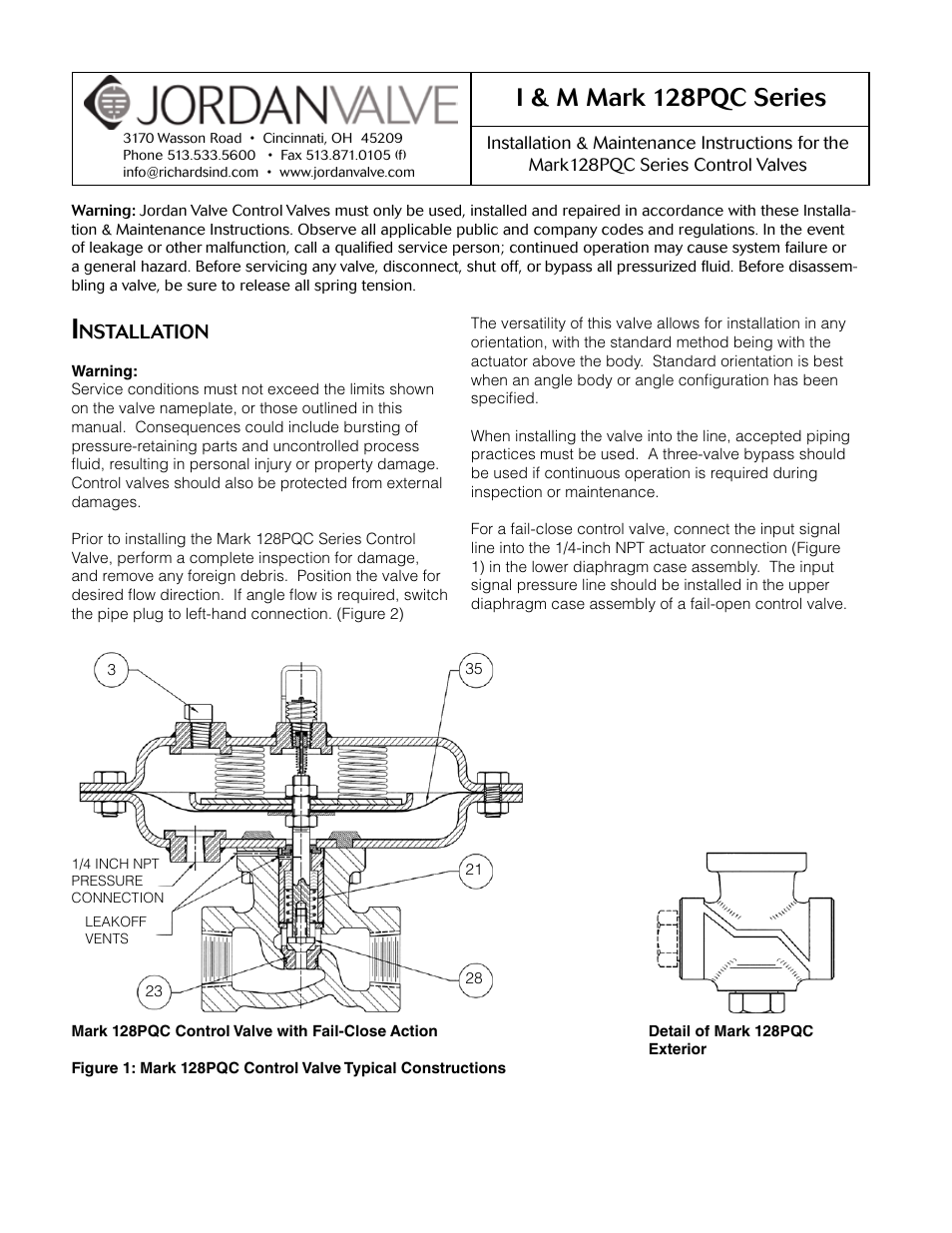 Jordan Valve Mark 128PQC Series Control Valve User Manual | 9 pages