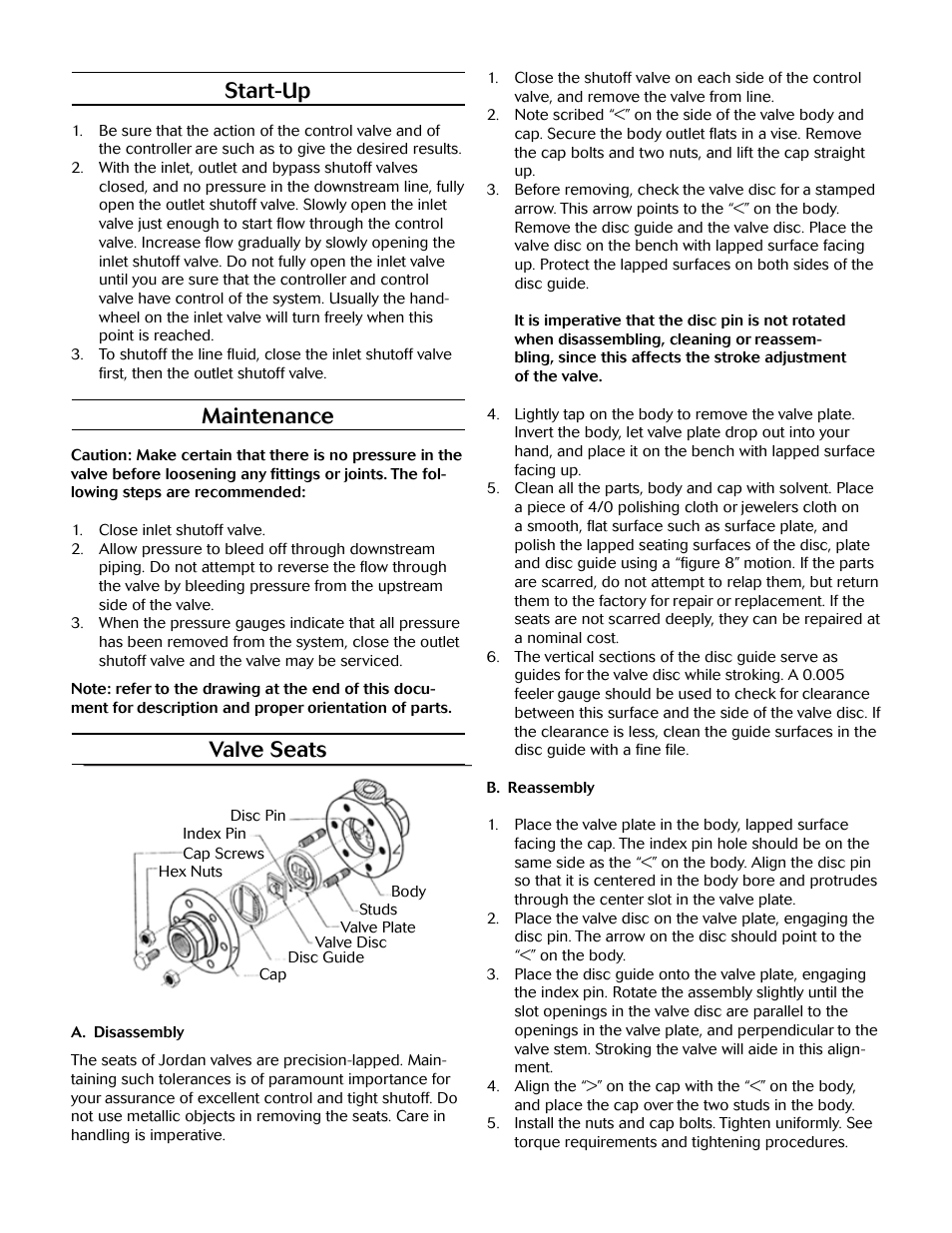 Start-up, Maintenance, Valve seats | Jordan Valve Mark 33 Series – Boiler Feedwater Control Valve User Manual | Page 2 / 5