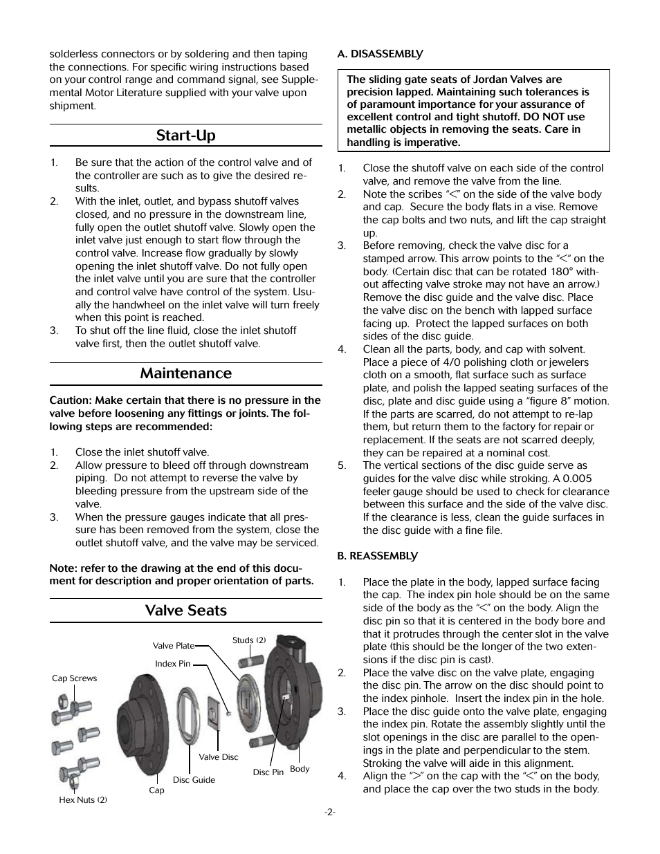 Start-up, Maintenance, Valve seats | Jordan Valve Mark 37 Series – Motor Operated Control Valve User Manual | Page 2 / 5