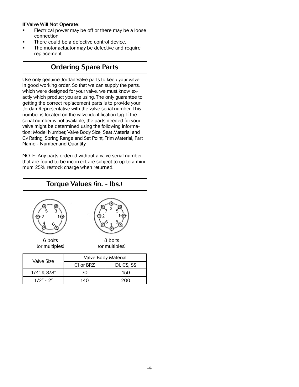 Ordering spare parts, Torque values (in. - lbs.) | Jordan Valve Mark 37 Series – Motor Operated Control Valve User Manual | Page 4 / 5