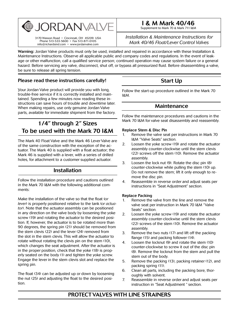 Jordan Valve Mark 40/46 Series – Float/Lever Operated Valve User Manual | 5 pages