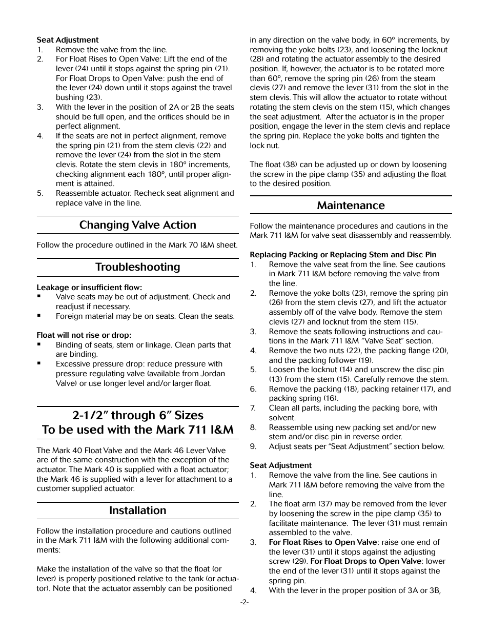 Maintenance, Changing valve action, Troubleshooting | Installation | Jordan Valve Mark 40/46 Series – Float/Lever Operated Valve User Manual | Page 2 / 5