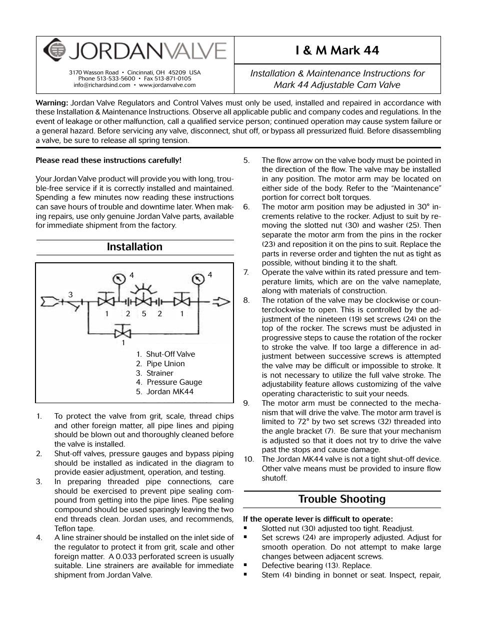 Jordan Valve Mark 44 Series – Adjustable Cam User Manual | 4 pages