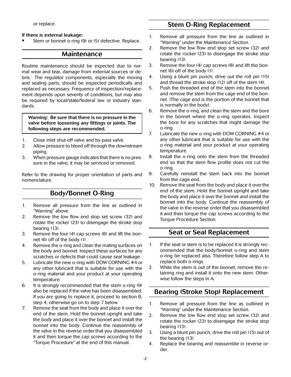Stem o-ring replacement, Seat or seal replacement, Bearing (stroke stop) replacement | Maintenance, Body/bonnet o-ring | Jordan Valve Mark 44 Series – Adjustable Cam User Manual | Page 2 / 4