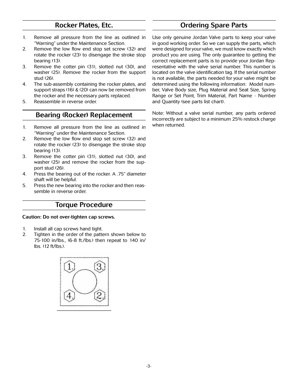 Rocker plates, etc, Bearing (rocker) replacement, Torque procedure | Ordering spare parts | Jordan Valve Mark 44 Series – Adjustable Cam User Manual | Page 3 / 4