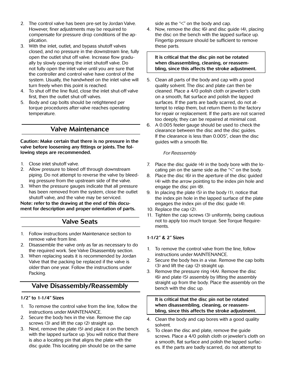 Valve maintenance, Valve seats, Valve disassembly/reassembly | Jordan Valve Mark 70 Series – Sliding Gate Control Valve User Manual | Page 2 / 7