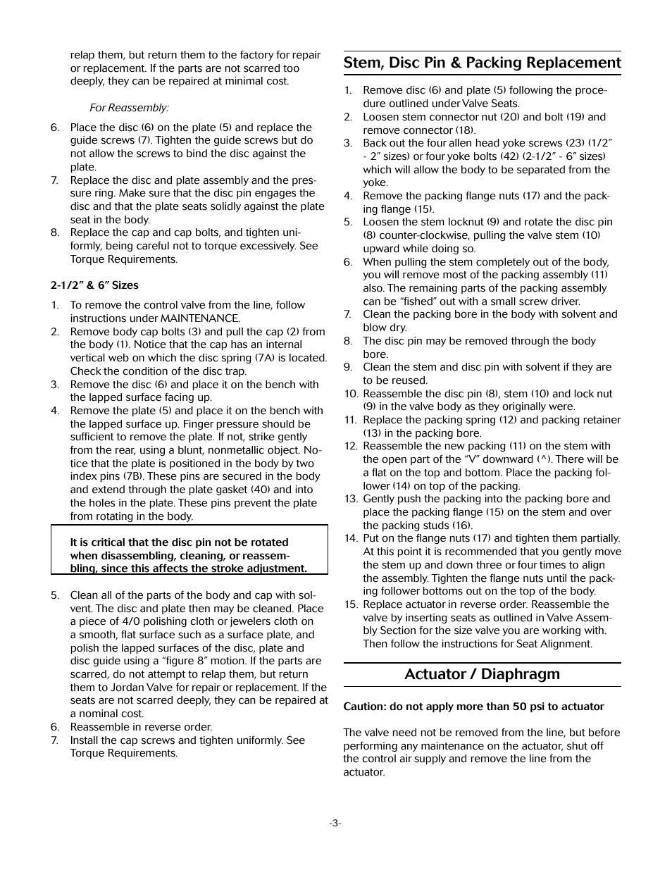 Stem, disc pin & packing replacement, Actuator / diaphragm | Jordan Valve Mark 70 Series – Sliding Gate Control Valve User Manual | Page 3 / 7