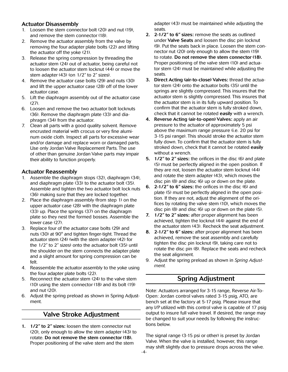 Valve stroke adjustment, Spring adjustment | Jordan Valve Mark 70 Series – Sliding Gate Control Valve User Manual | Page 4 / 7