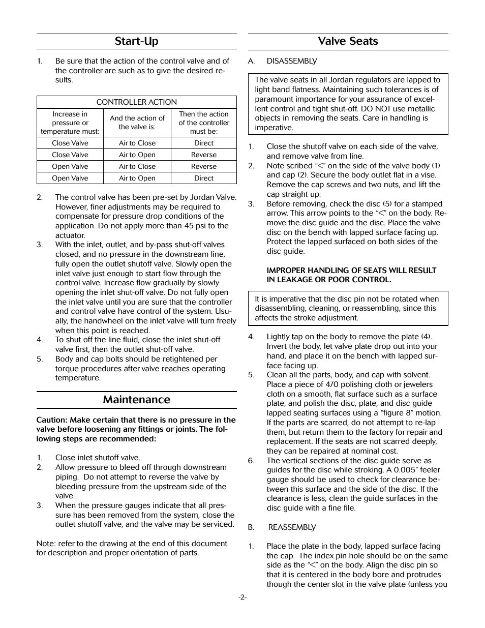 Valve seats, Start-up, Maintenance | Jordan Valve Mark 70 Series – Sliding Gate Control Valve User Manual | Page 2 / 5