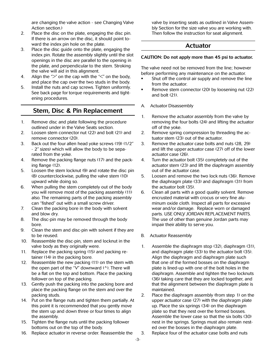 Stem, disc & pin replacement, Actuator | Jordan Valve Mark 70 Series – Sliding Gate Control Valve User Manual | Page 3 / 5