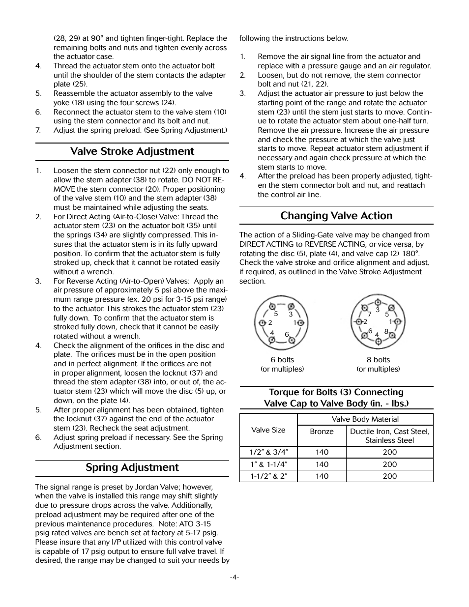 Changing valve action, Valve stroke adjustment, Spring adjustment | Jordan Valve Mark 70 Series – Sliding Gate Control Valve User Manual | Page 4 / 5