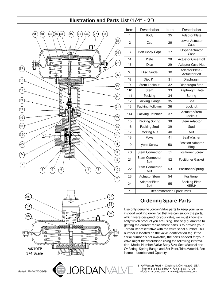 Illustration and parts list (1/4” - 2”), Ordering spare parts | Jordan Valve Mark 70 Series – Sliding Gate Control Valve User Manual | Page 5 / 5