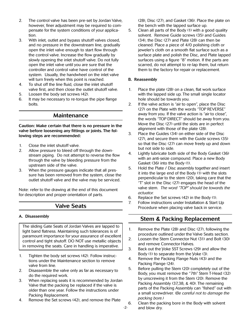 Stem & packing replacement, Maintenance, Valve seats | Jordan Valve Mark 75 Series – Wafer Style Control Valve User Manual | Page 2 / 5