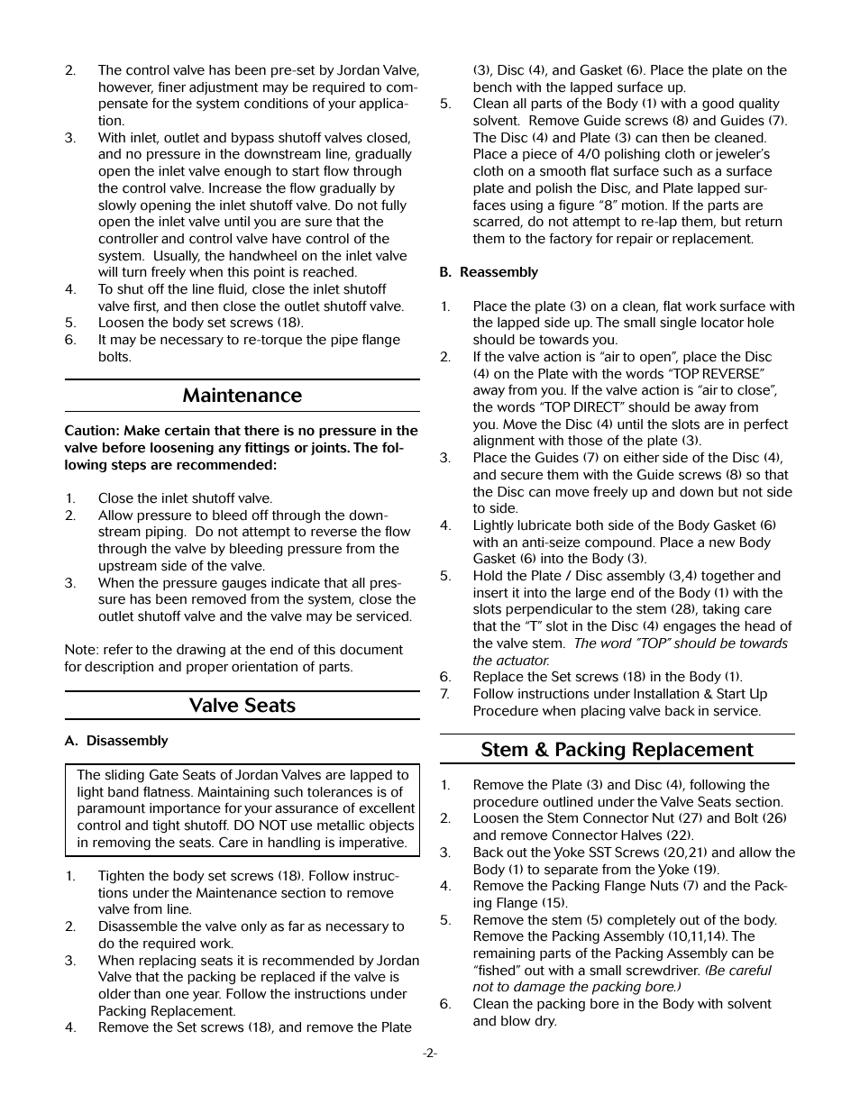 Stem & packing replacement, Maintenance, Valve seats | Jordan Valve Mark 75 Series – Wafer Style Control Valve User Manual | Page 2 / 5