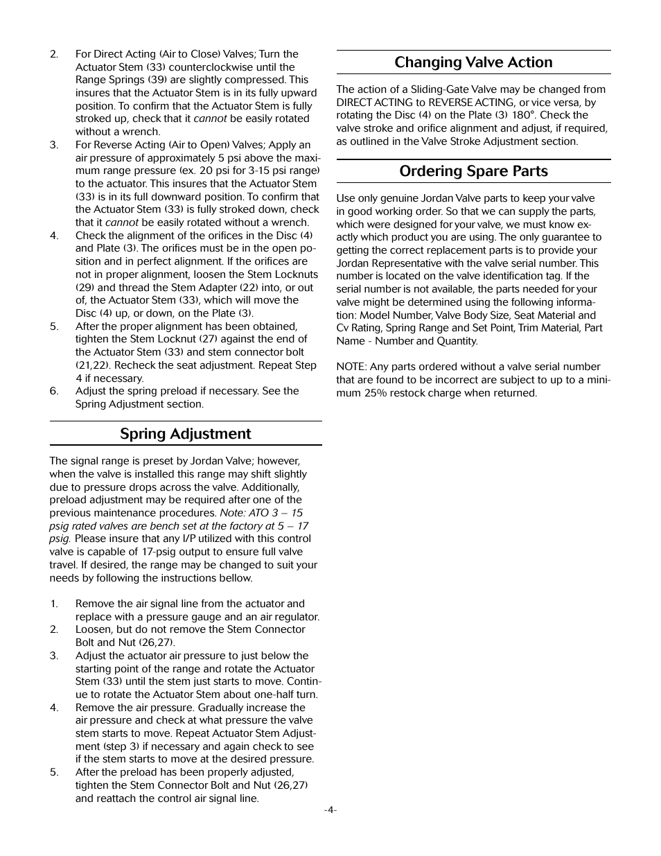 Changing valve action, Ordering spare parts, Spring adjustment | Jordan Valve Mark 75 Series – Wafer Style Control Valve User Manual | Page 4 / 5