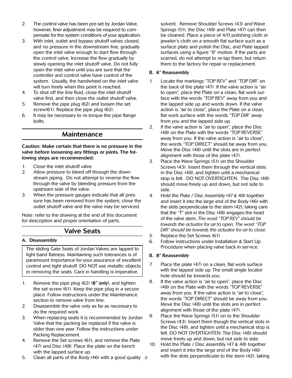 Maintenance, Valve seats | Jordan Valve Mark 75 Series – Wafer Style Control Valve User Manual | Page 2 / 5