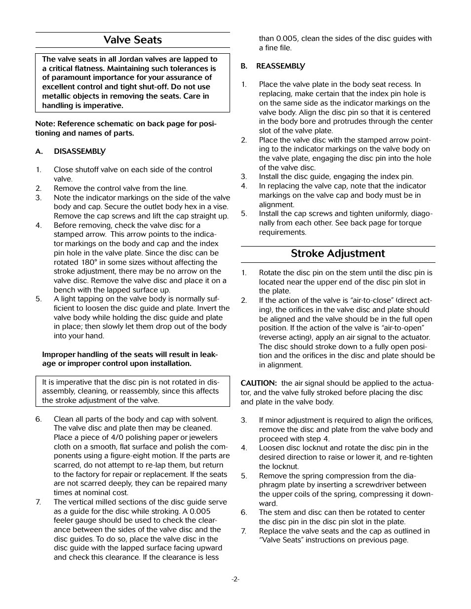 Stroke adjustment, Valve seats | Jordan Valve Mark 76 Series – High Cycle, On/Off Valve User Manual | Page 2 / 4