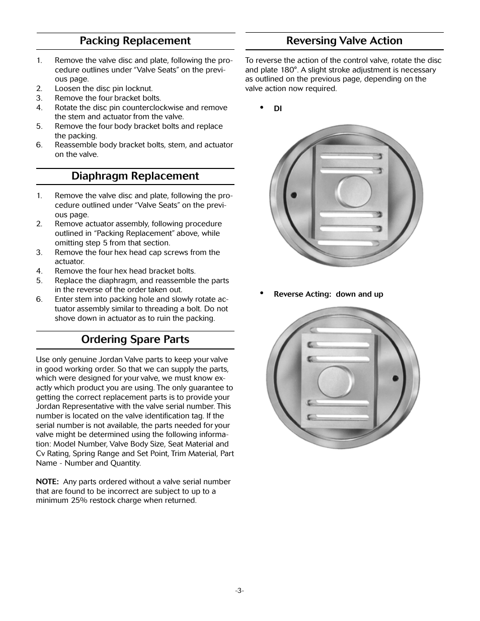 Packing replacement, Diaphragm replacement, Ordering spare parts | Reversing valve action | Jordan Valve Mark 76 Series – High Cycle, On/Off Valve User Manual | Page 3 / 4