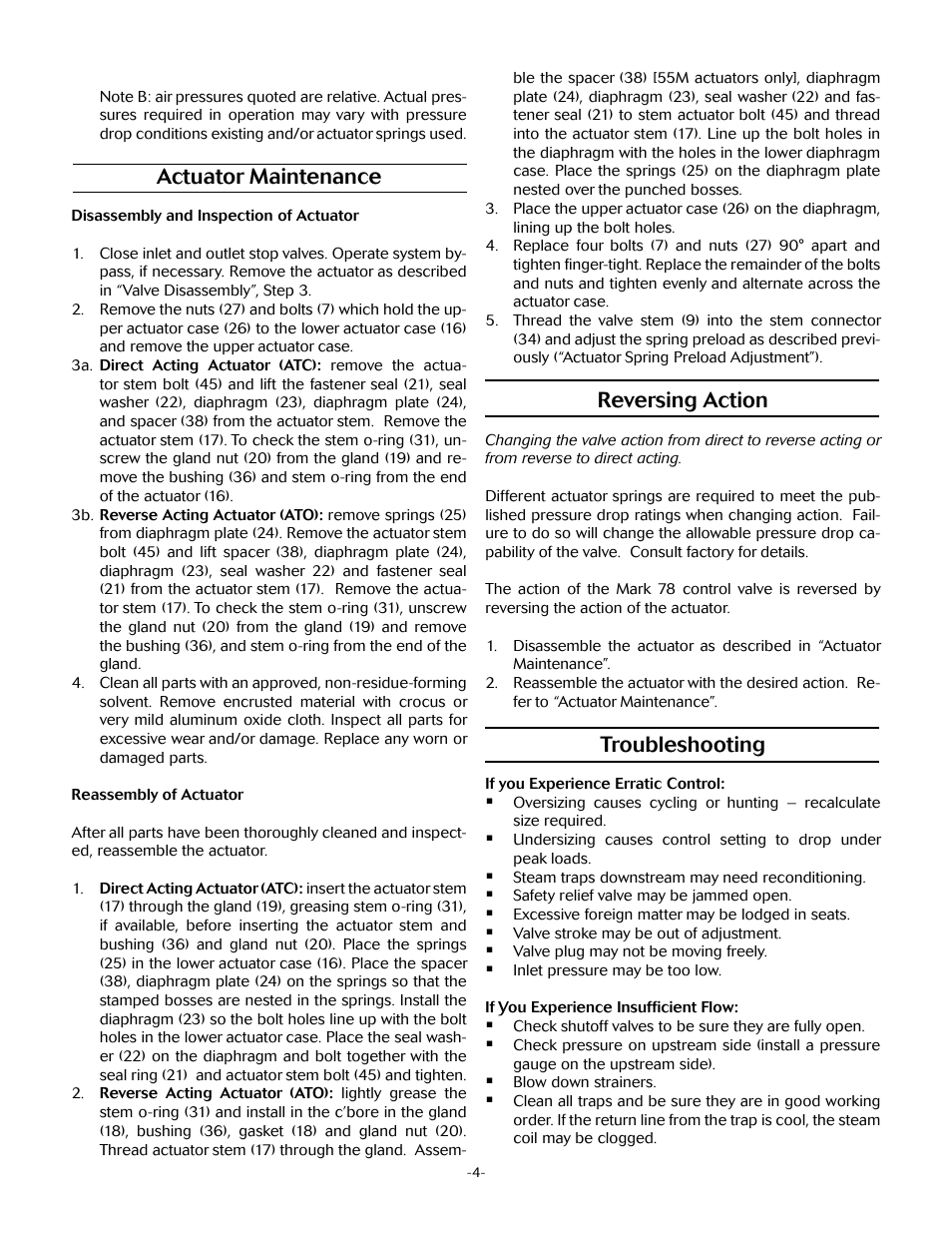 Actuator maintenance, Reversing action, Troubleshooting | Jordan Valve Mark 78 Series – Globe Style Control Valve User Manual | Page 4 / 7
