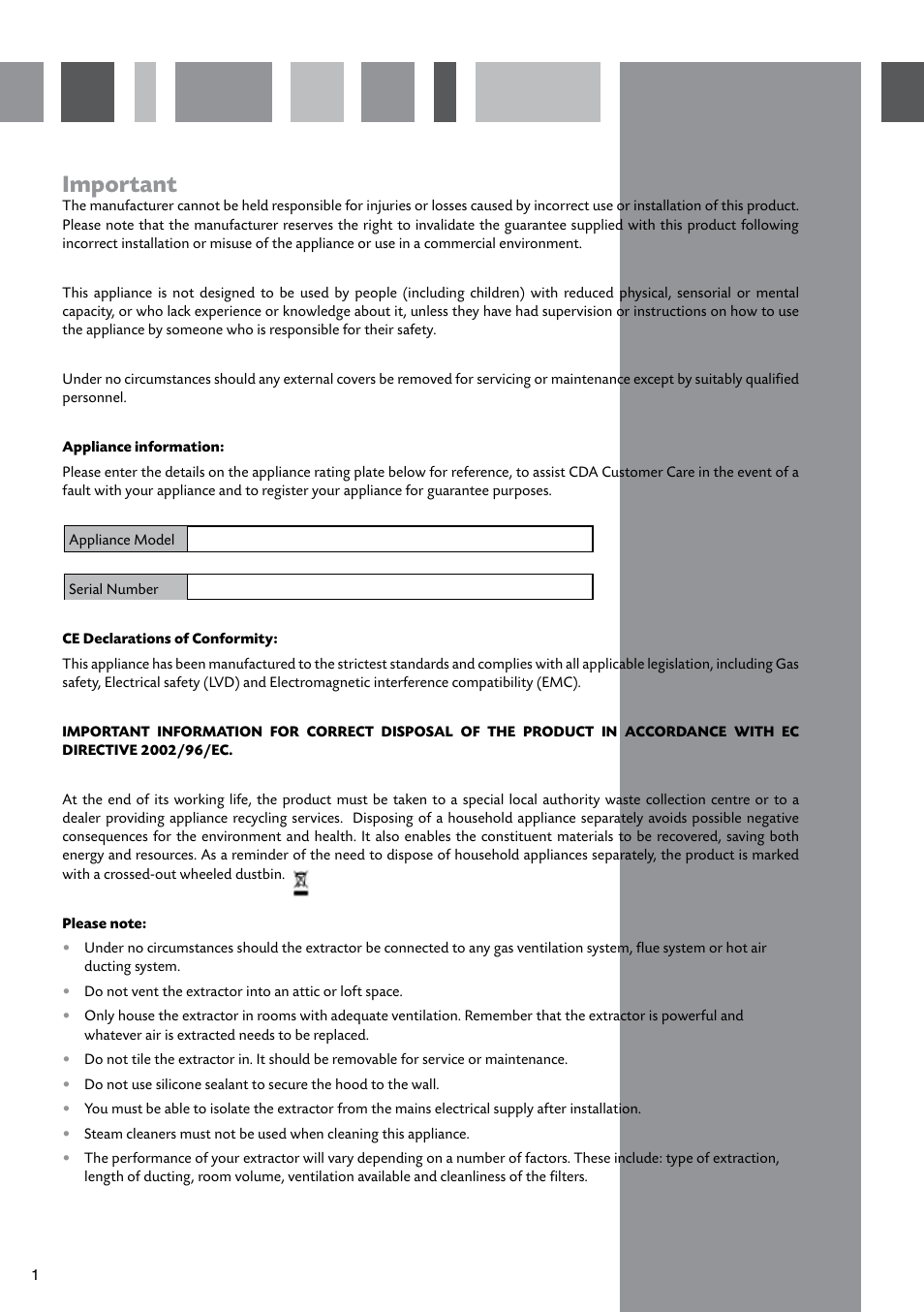 Important | CDA CYLINDER EXTRACTORS EVCK4 User Manual | Page 2 / 12