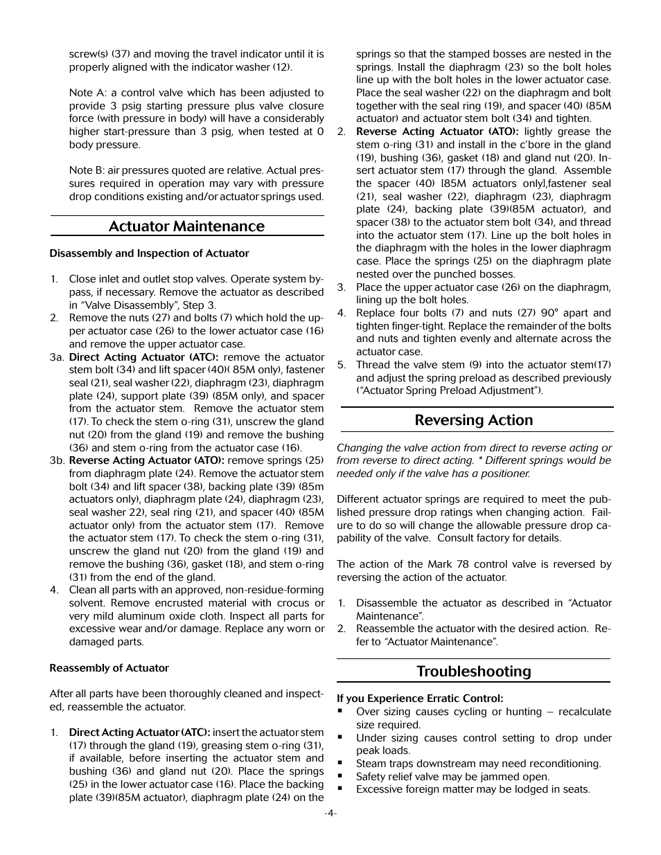 Actuator maintenance, Reversing action, Troubleshooting | Jordan Valve Mark 78 Series – Globe Style Control Valve User Manual | Page 4 / 7