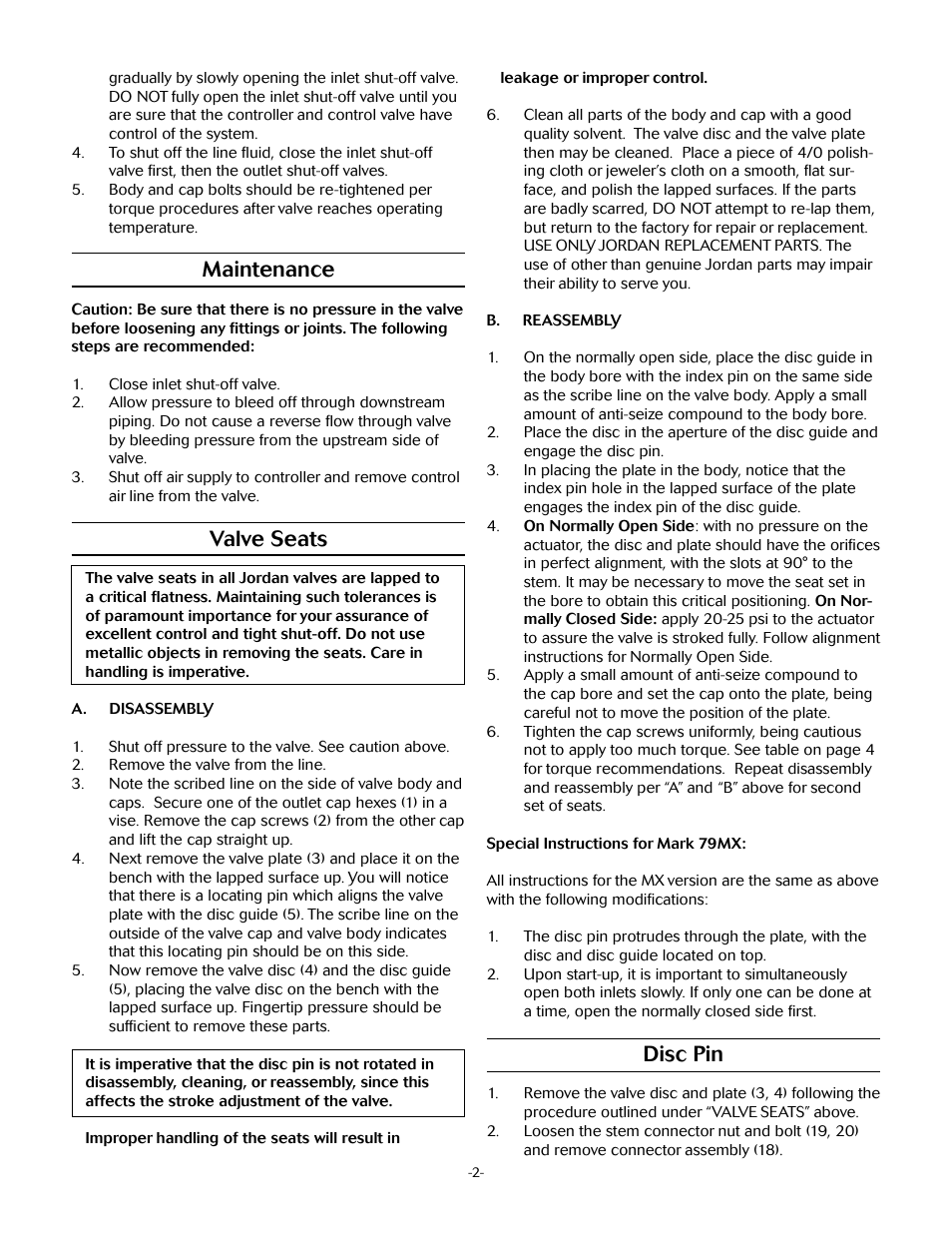 Disc pin, Maintenance, Valve seats | Jordan Valve Mark 79/79MX Series – 3 Way Mixing/Diverting Valve User Manual | Page 2 / 5