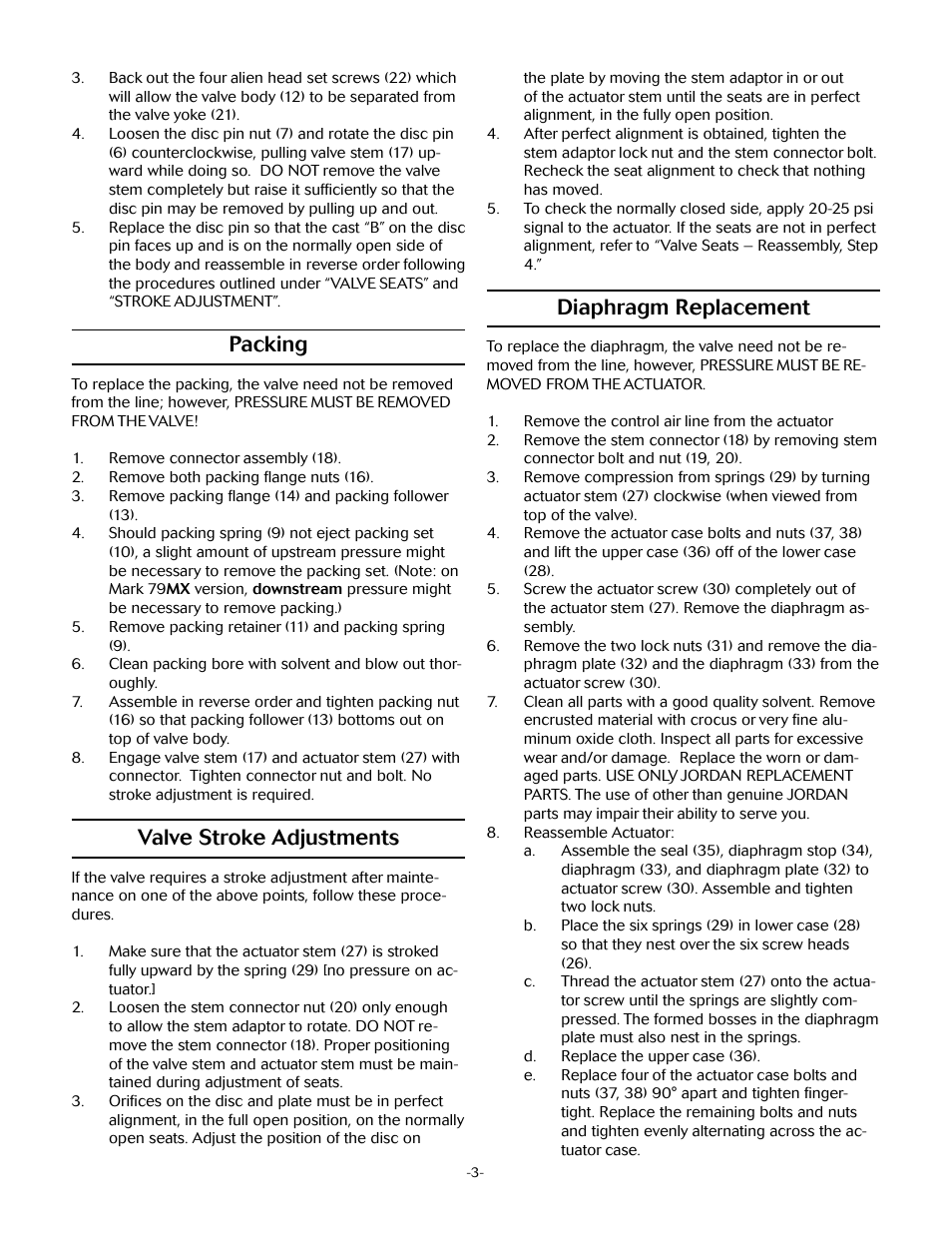 Packing, Valve stroke adjustments, Diaphragm replacement | Jordan Valve Mark 79/79MX Series – 3 Way Mixing/Diverting Valve User Manual | Page 3 / 5