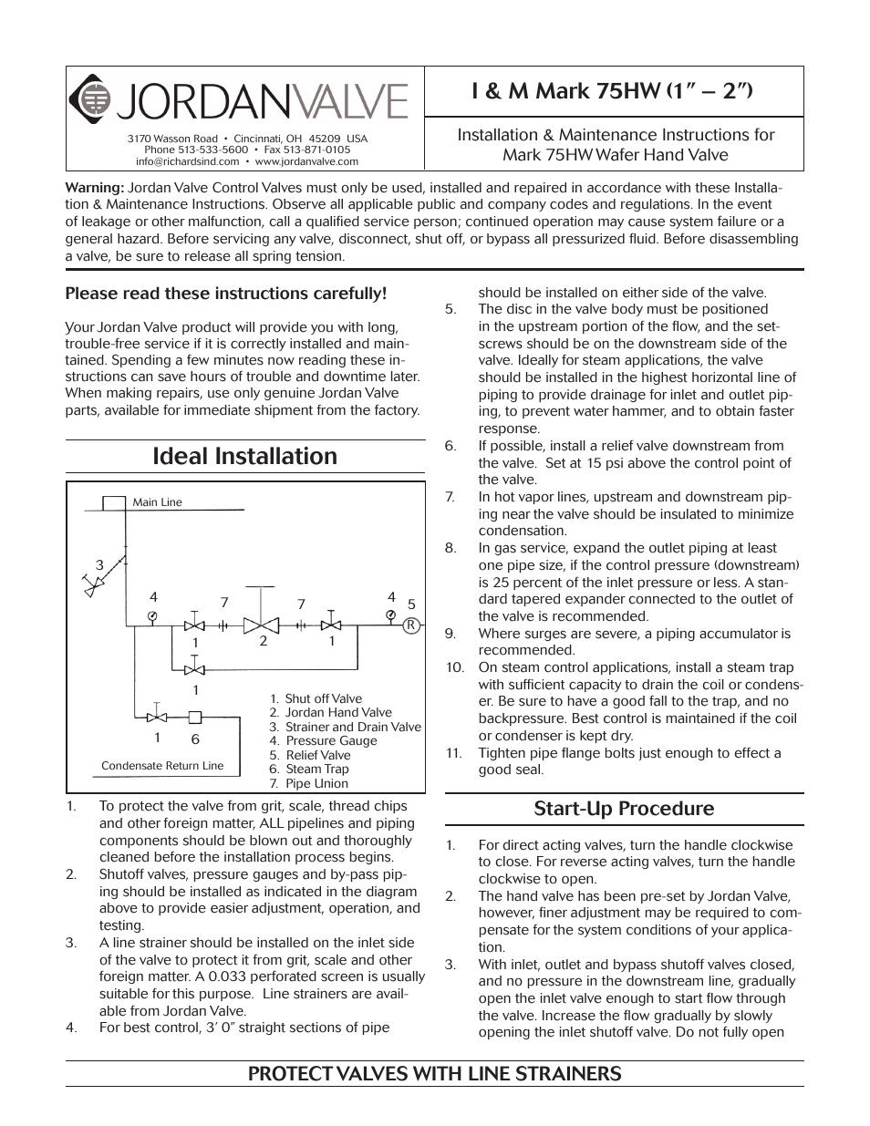 Jordan Valve Mark 75HW Series – Wafer Style Hand Operated Valves User Manual | 4 pages