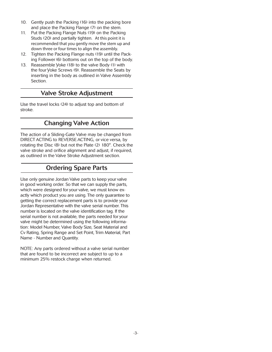 Valve stroke adjustment, Changing valve action, Ordering spare parts | Jordan Valve Mark 75HW Series – Wafer Style Hand Operated Valves User Manual | Page 3 / 4