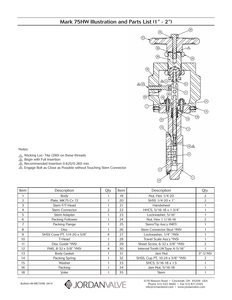 Mark 75hw illustration and parts list (1” - 2”) | Jordan Valve Mark 75HW Series – Wafer Style Hand Operated Valves User Manual | Page 4 / 4