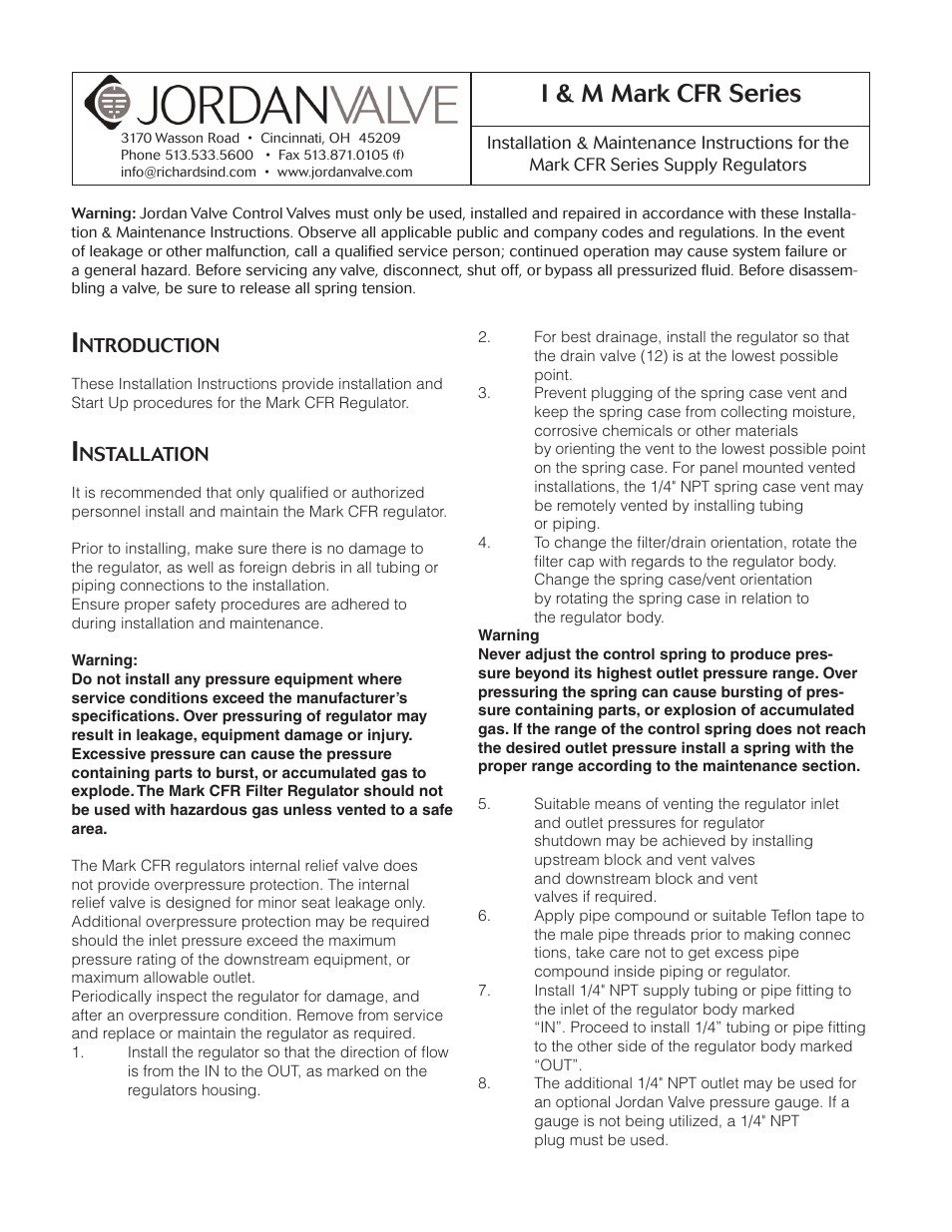 Jordan Valve Mark CFR Series Pressure Reducing Supply Реле User Manual | 3 pages