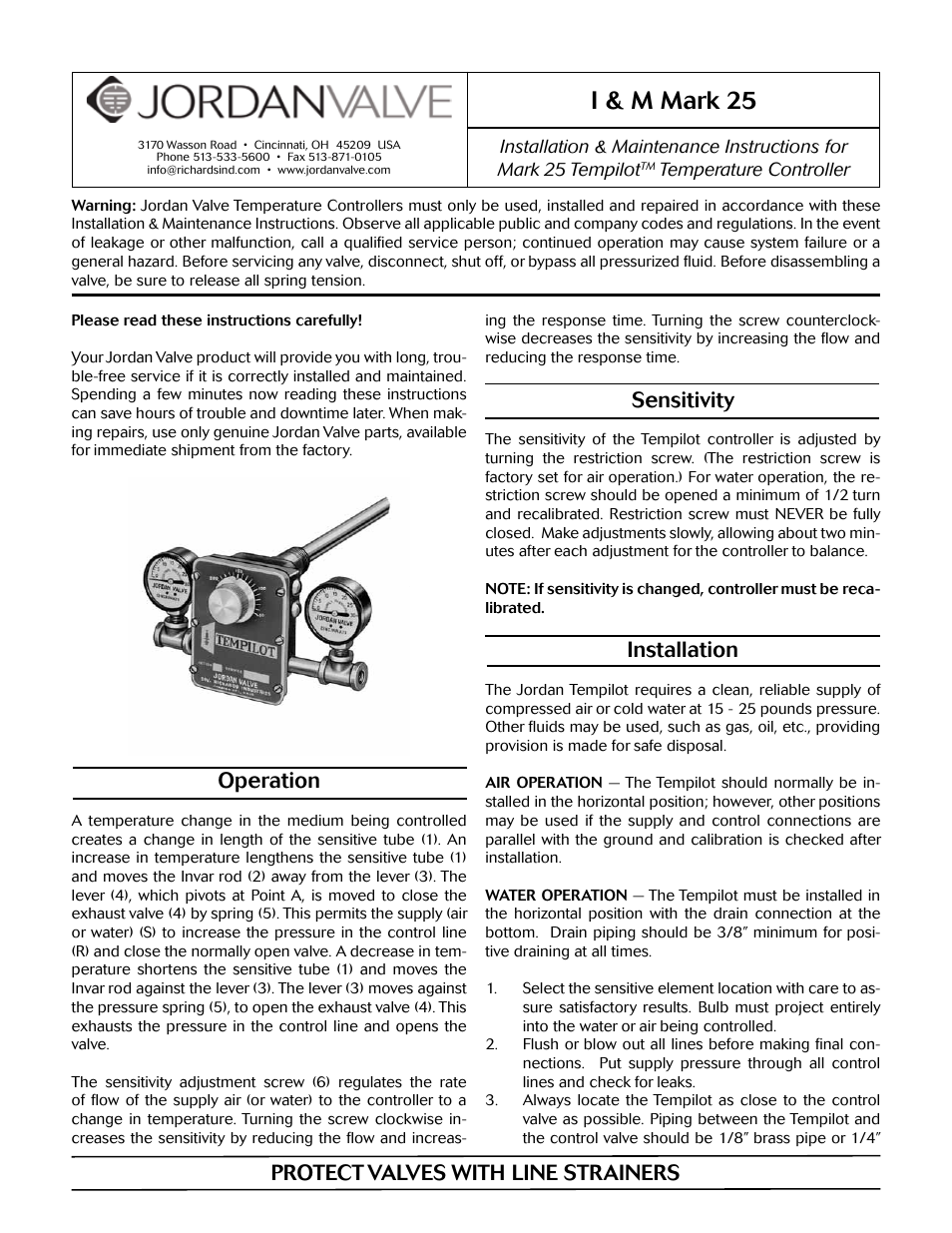 Jordan Valve Mark 25 Series – Tempilot Temperature User Manual | 4 pages