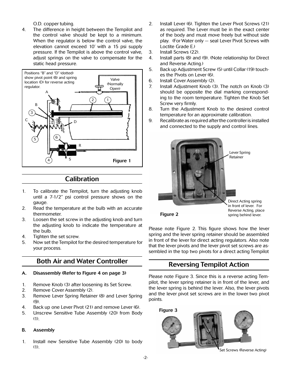 Reversing tempilot action, Calibration, Both air and water controller | Jordan Valve Mark 25 Series – Tempilot Temperature User Manual | Page 2 / 4