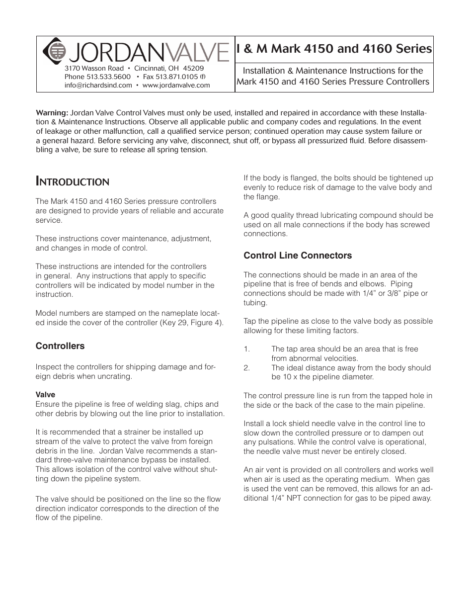 Jordan Valve Mark 4150 Series Pressure Controllers User Manual | 11 pages