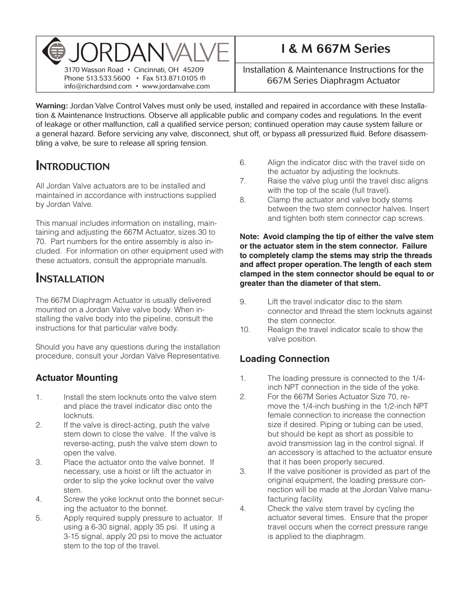 Jordan Valve 667M Series Diaphragm Actuator User Manual | 8 pages