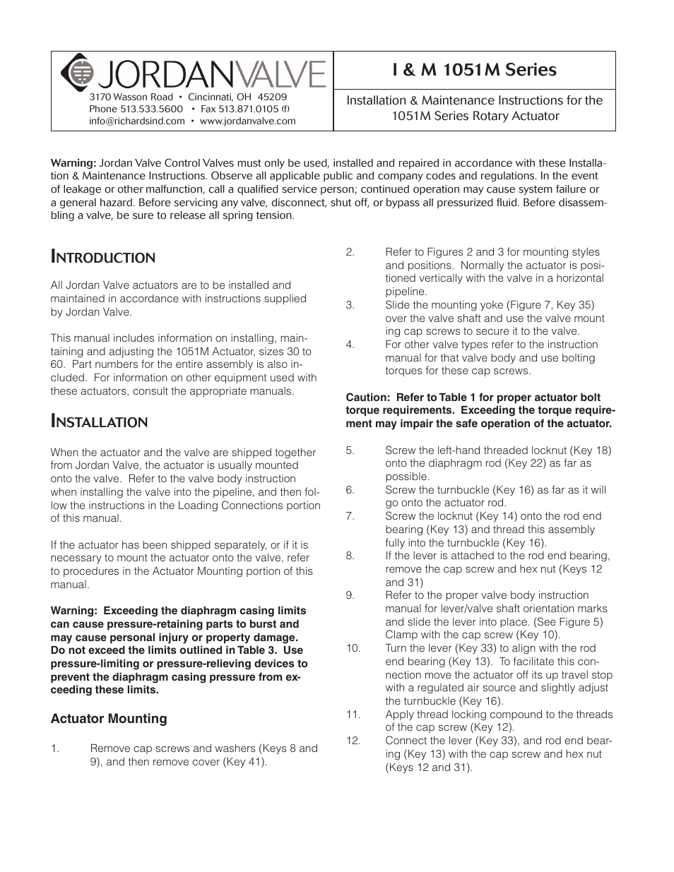 Jordan Valve 1051M Series Rotary Actuator User Manual | 12 pages