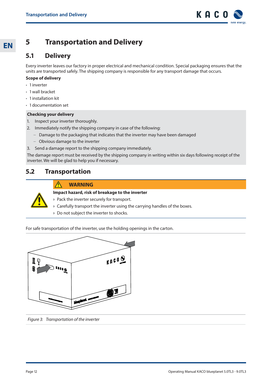 5transportation and delivery, 1 delivery, 2 transportation | KACO blueplanet 5.0 - 9.0 TL3 User Manual | Page 12 / 56